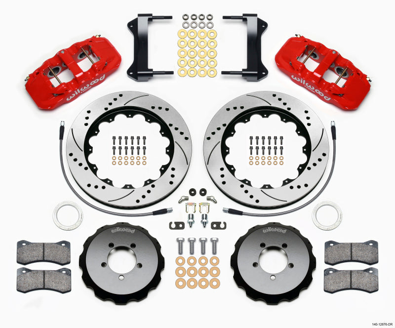 Wilwood AERO6 Front Hat Kit 14.00 Drilled Red with Lines for 1999-2012 Subaru WRX