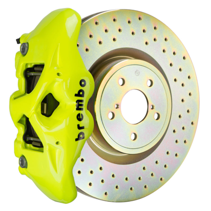 Brembo Fr GT BBK 4 Piston Cast 326 x30 1pc Rotor Drilled- Fluo. Yellow for 02-07 Subaru WRX/Impreza