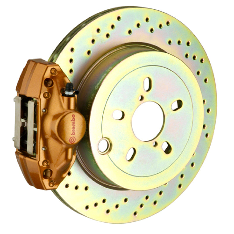 Brembo 2.5i Rear GT BBK 2 Piston Cast 2pc 316 x20 1pc Rotor Drilled - Gold for 08-14 Subaru WRX