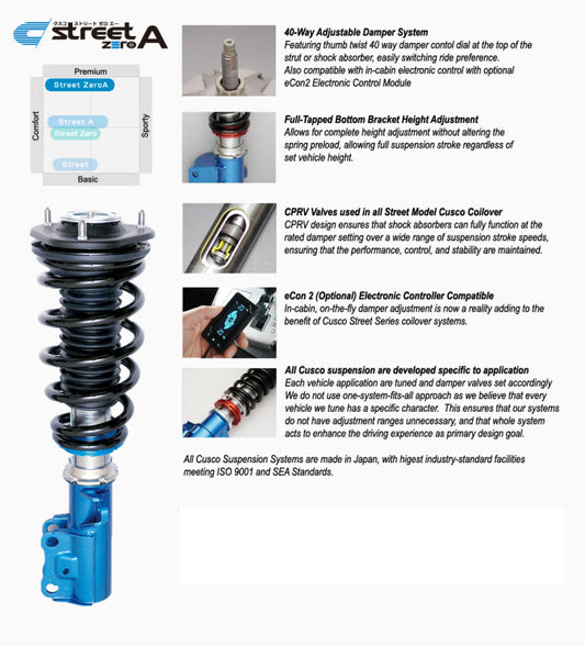 Cusco Street Zero-A Coilovers + Full Threaded Shock F R - Pillowball Upper Mount for 2015 Subaru WRX